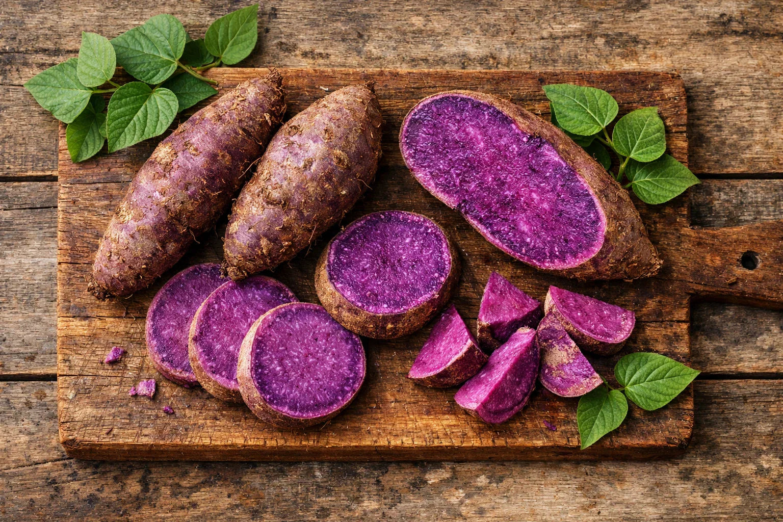 Fresh ube purple yam sliced open on a wooden cutting board showing vibrant violet flesh