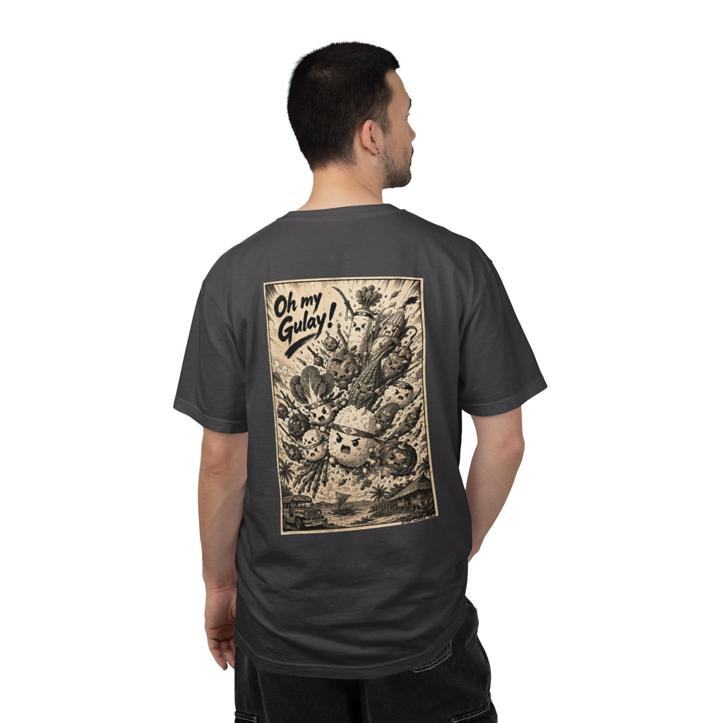 Man wearing the Oh My Gulay! garment-dyed relaxed fit tee in graphite, showing the full vintage manga-style Filipino back graphic.
