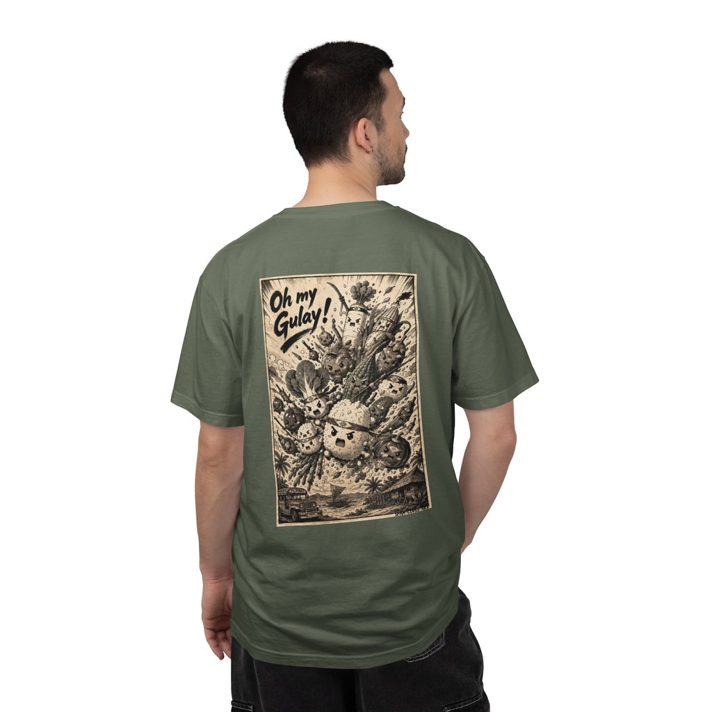 Man wearing the Oh My Gulay! garment-dyed relaxed fit tee in moss, showing the full vintage manga style Filipino back graphic.