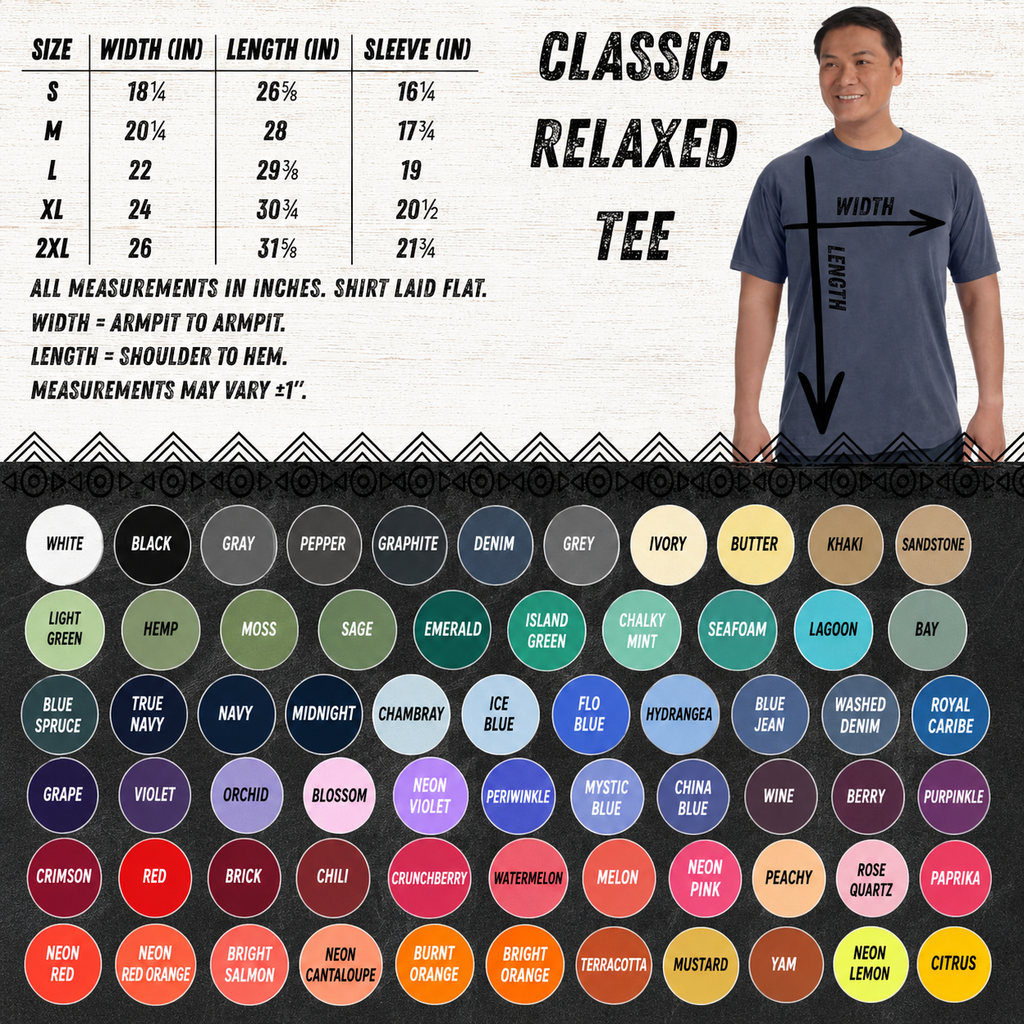 Size chart and available color swatches for the Oh My Gulay! relaxed fit tee, showing measurements in inches for sizes S through 2XL.