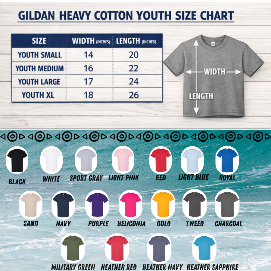 Gildan Heavy Cotton youth size chart kids tee sizing guide Spam Loves Rice

