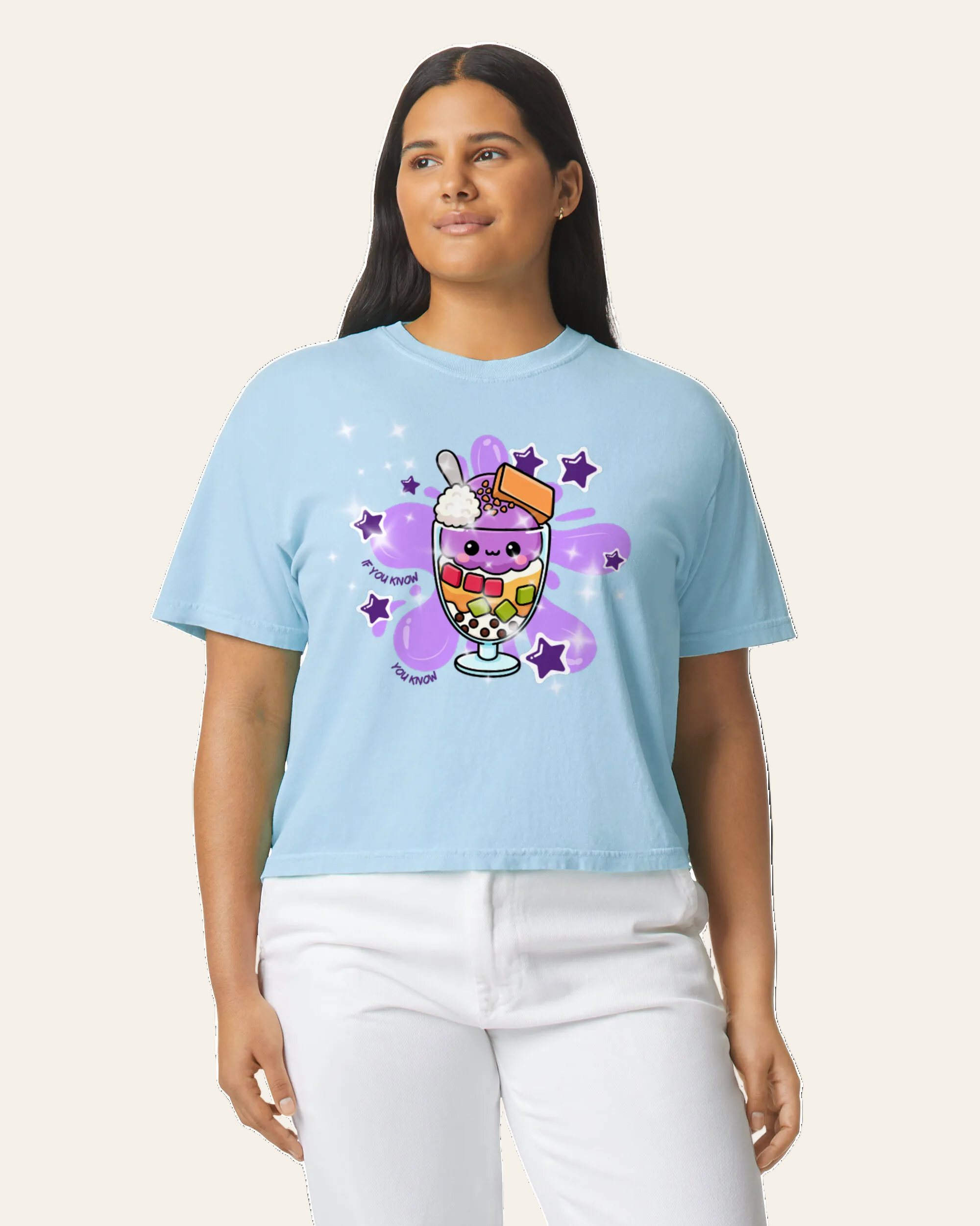 Halo Halo Boxy Tee in chambray- garment dyed Filipino dessert graphic tee by Spam Loves Rice. 