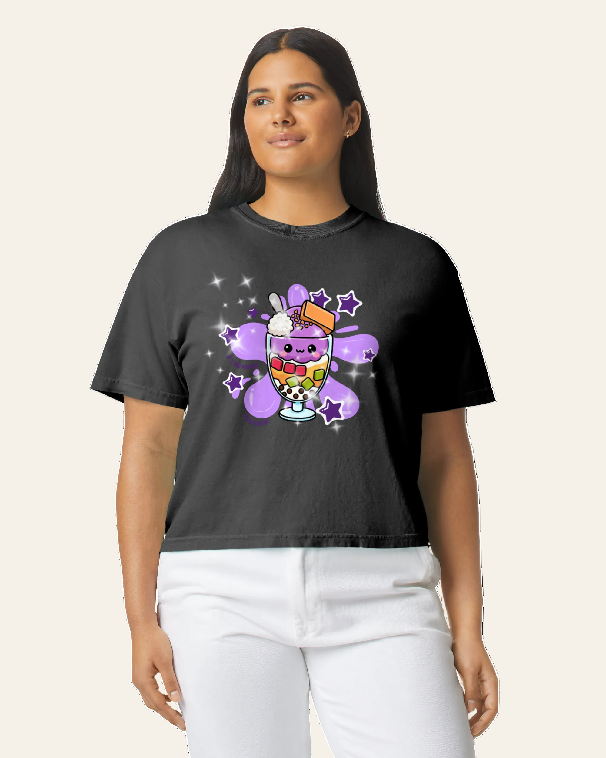 Halo Halo Boxy Tee in black - garment dyed Filipino dessert graphic tee by Spam Loves Rice. 