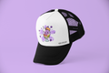 Spam Loves Rice halo halo trucker hat in white and black with purple star accents and cute halo halo character graphic