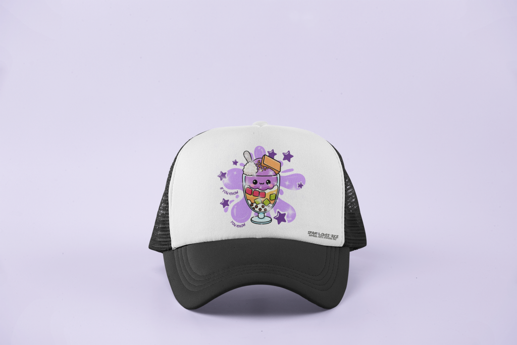 Halo halo trucker curvebill hat in black front view with purple star accents and cute halo halo character graphic