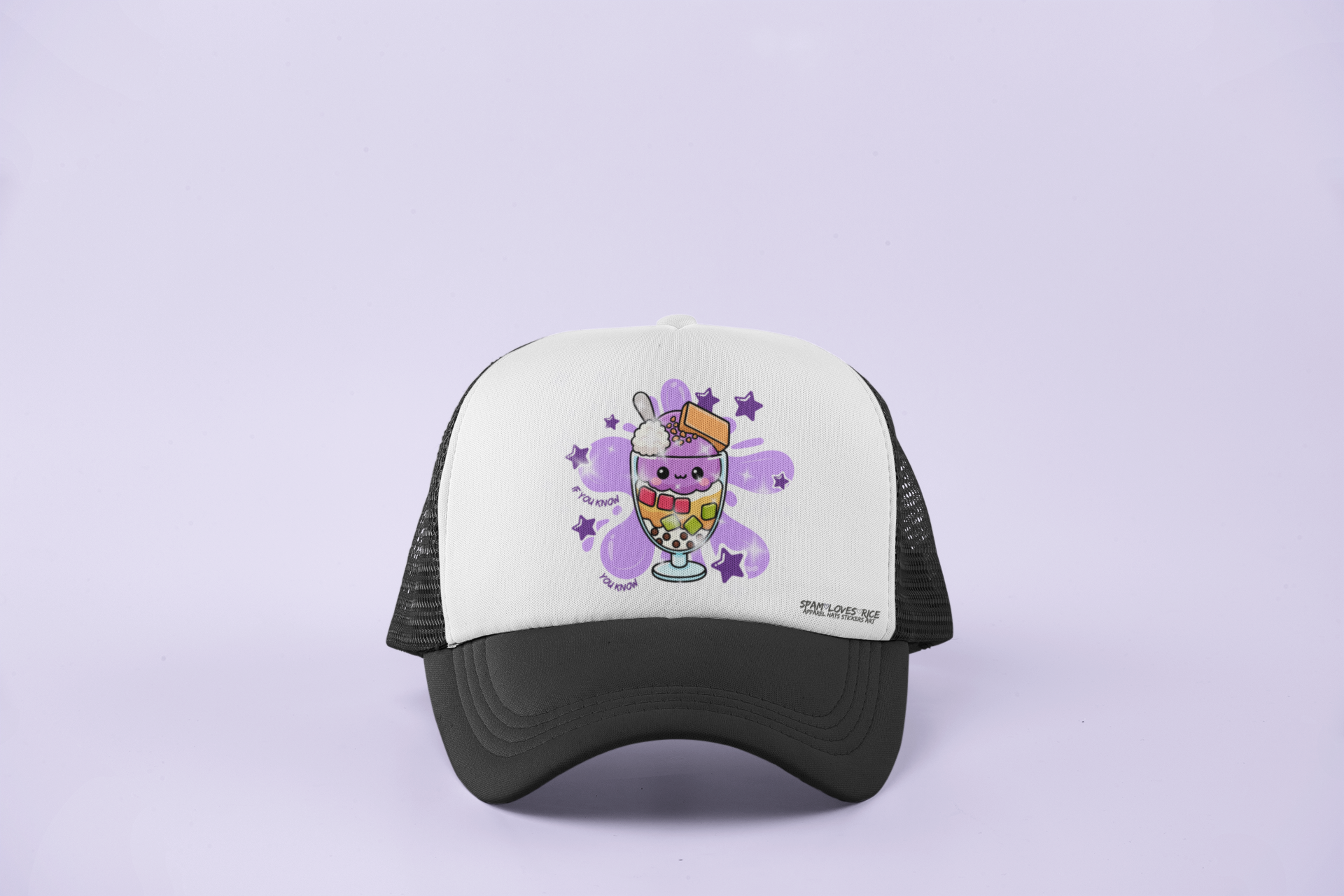 Halo halo trucker curvebill hat in black front view with purple star accents and cute halo halo character graphic