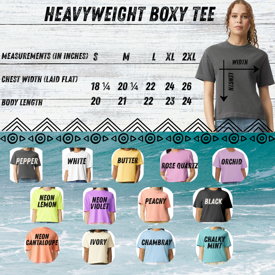 Heavyweight boxy tee with size chart and color options on a textured background