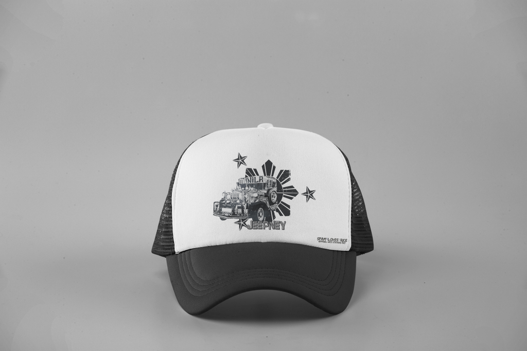 Jeepney Curvebill Snapback front view showing Philippine sun jeepney design on white panel