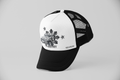 Jeepney Curvebill Snapback black and white trucker hat with Filipino sun and stars graphic, side view