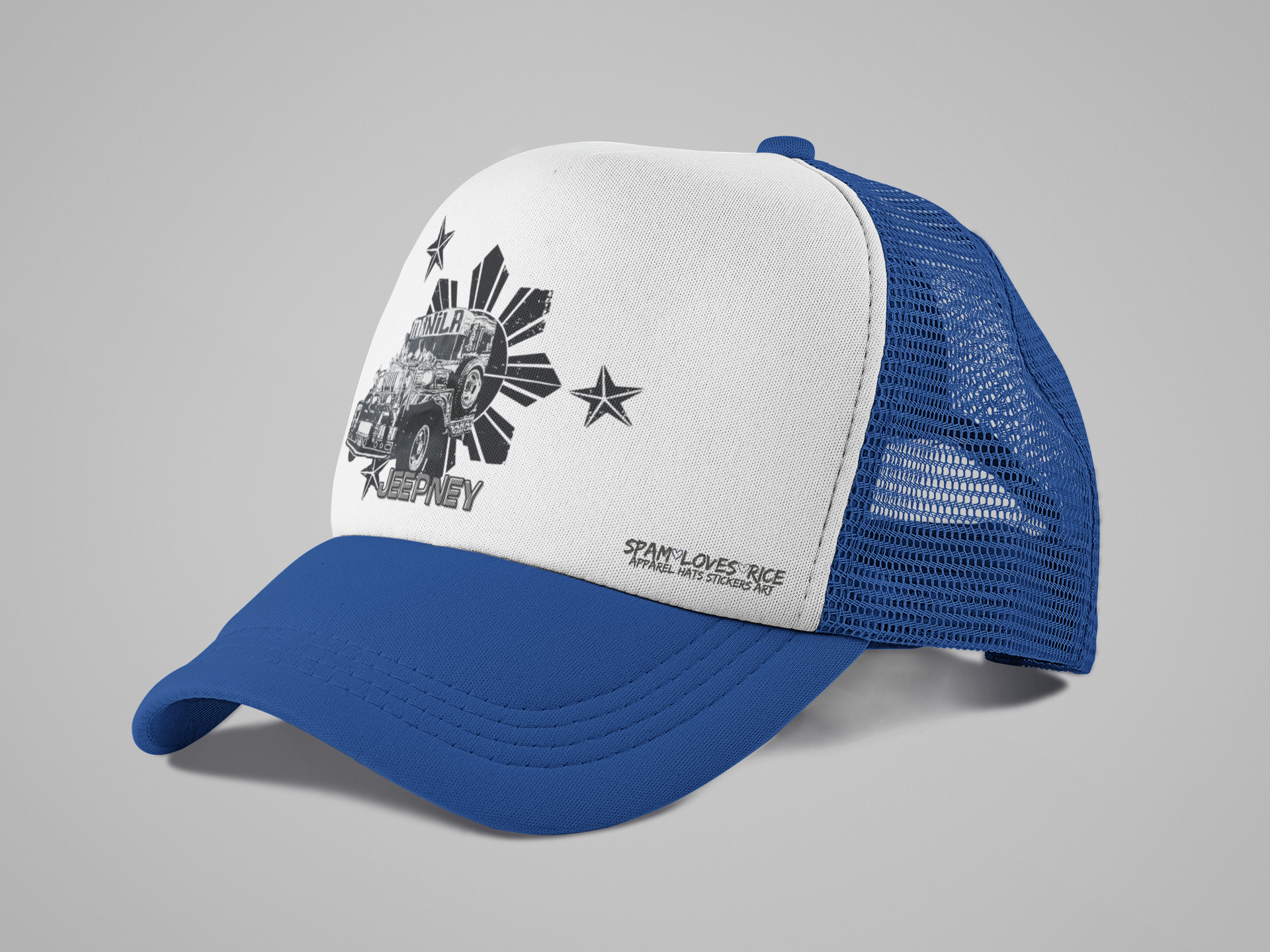 Jeepney Curvebill Snapback white and blue trucker hat side view Filipino streetwear