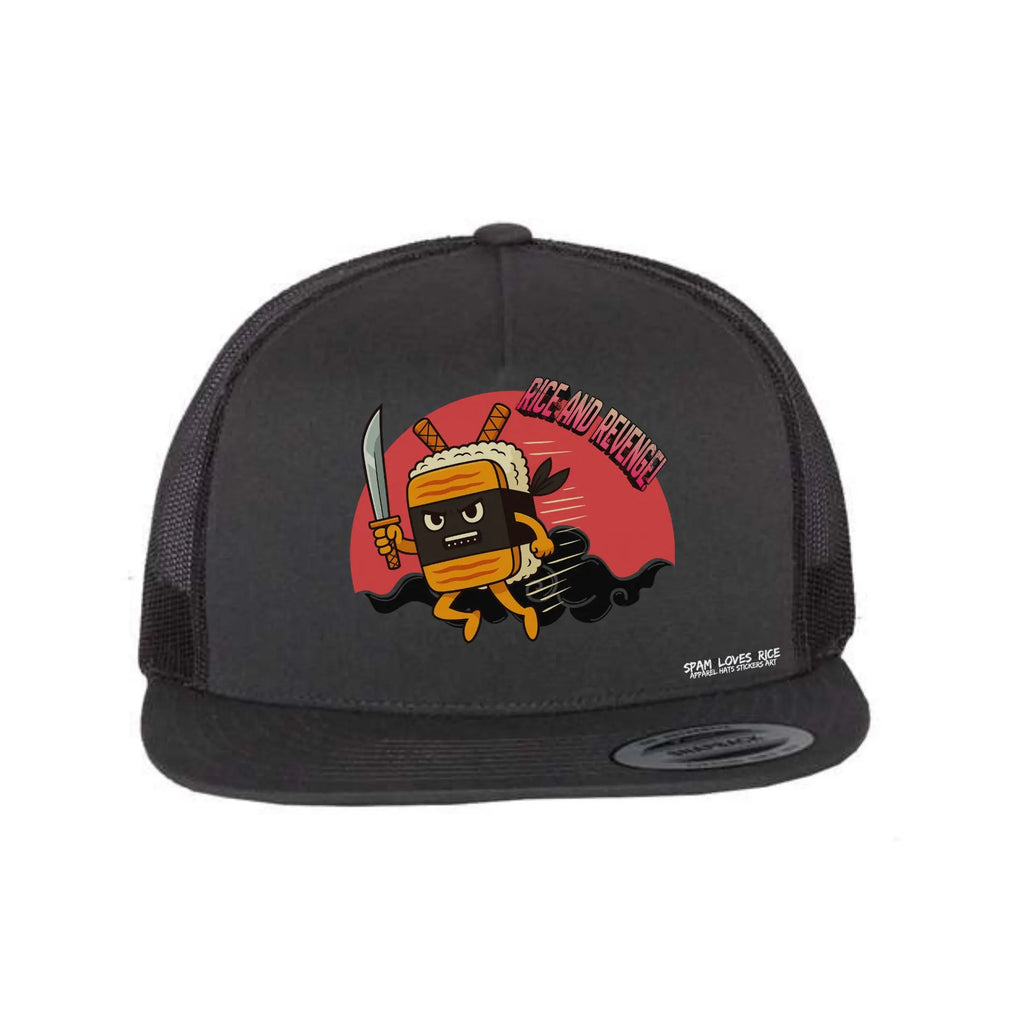 Rice and Revenge Musubi Ninja flatbill snapback hat charcoal Filipino Hawaiian streetwear Spam Loves Rice