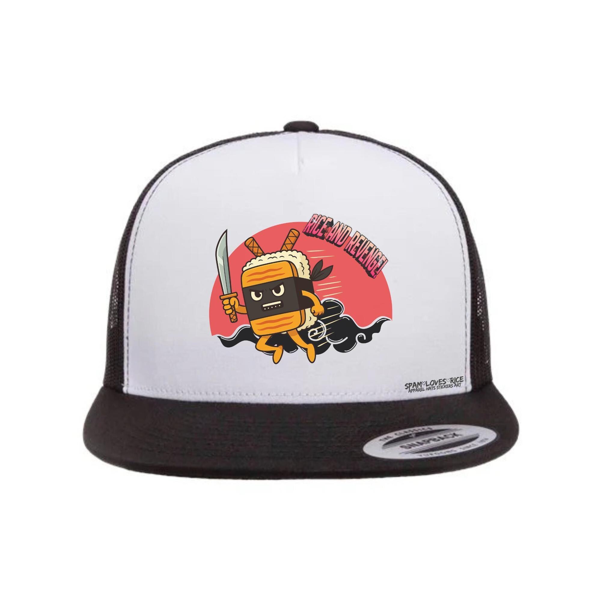 Rice and Revenge Musubi Ninja flatbill snapback hat white and black Filipino Hawaiian streetwear Spam Loves Rice