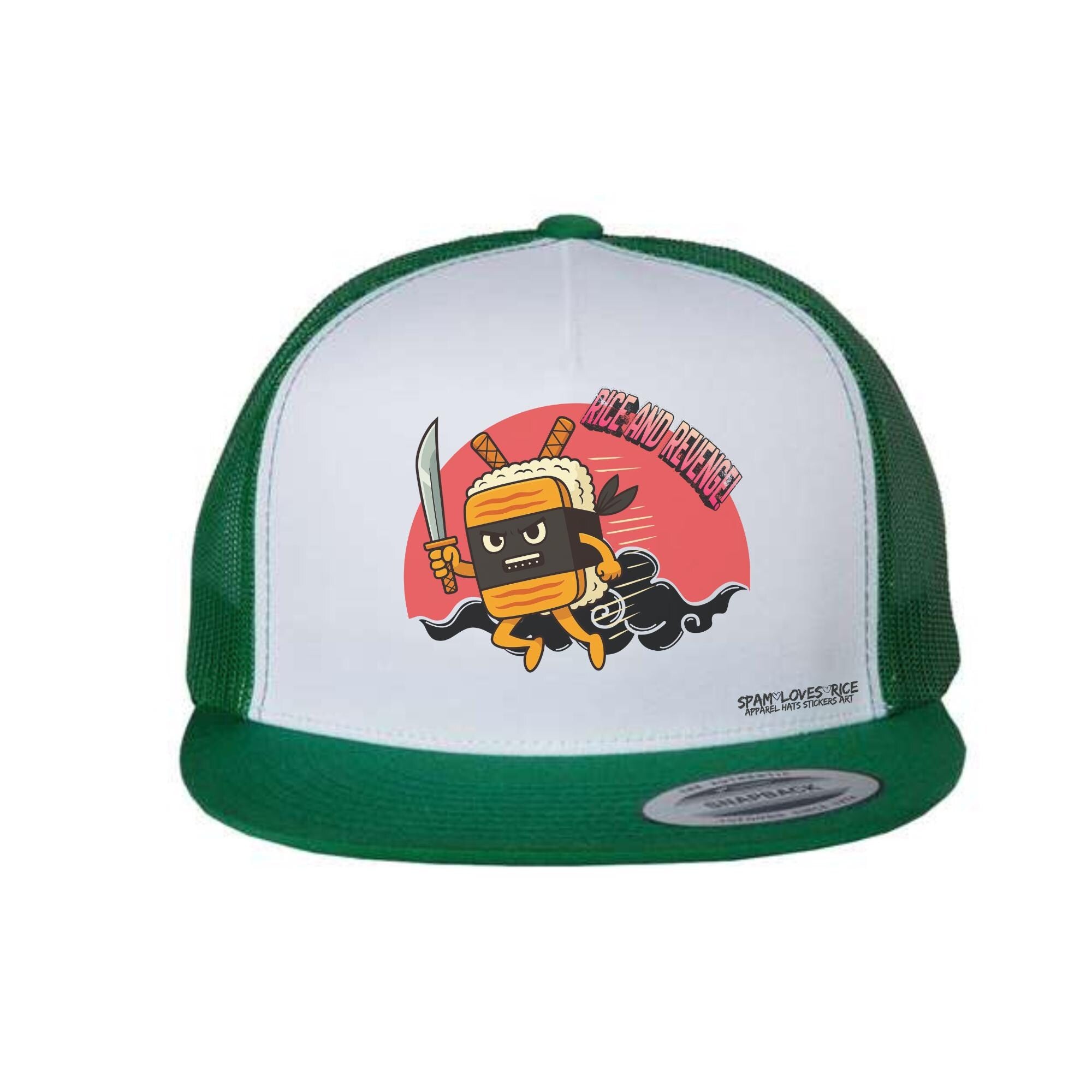 Rice and Revenge Musubi Ninja flatbill snapback hat green Filipino Hawaiian streetwear Spam Loves Rice