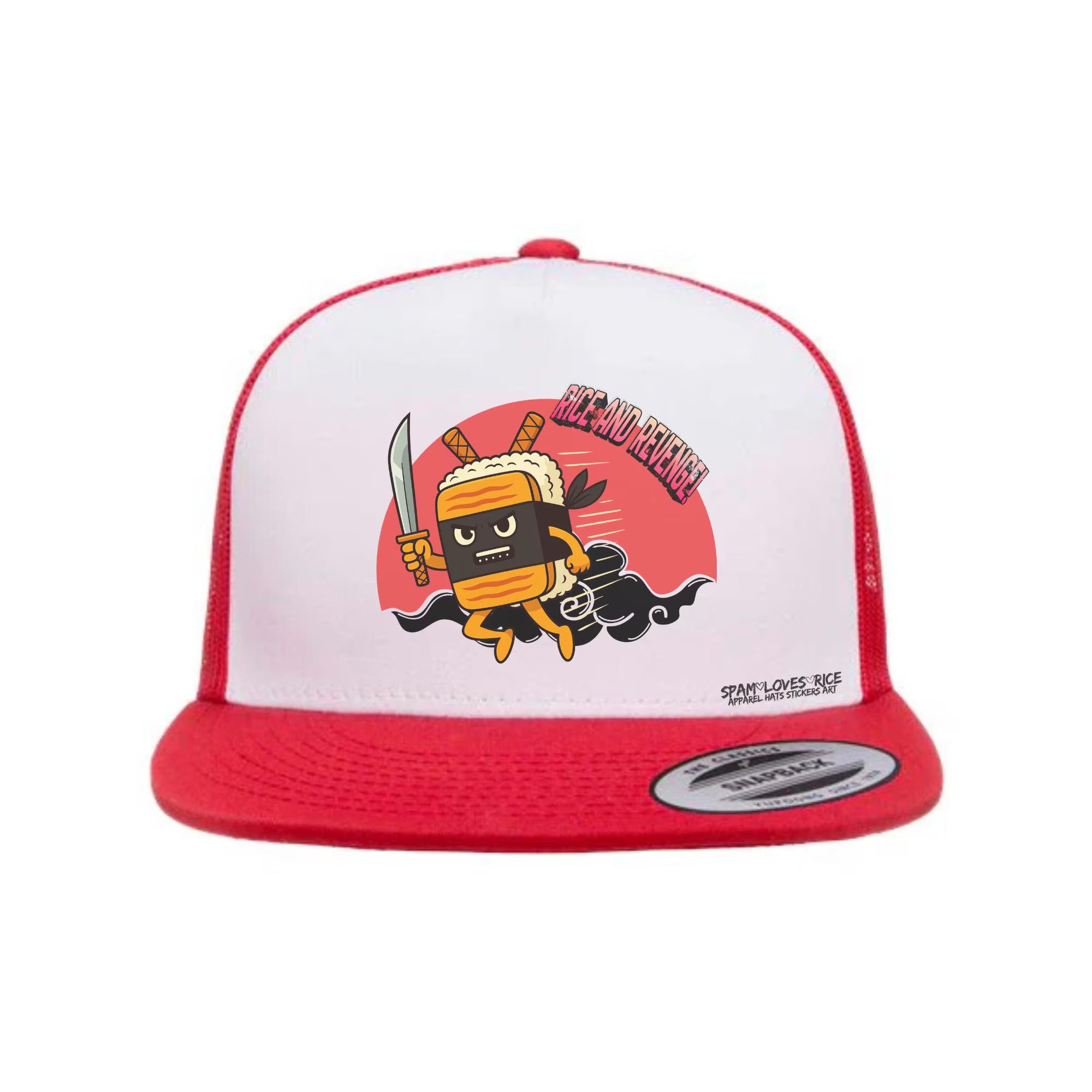 Rice and Revenge Musubi Ninja flatbill snapback hat red Filipino Hawaiian streetwear Spam Loves Rice