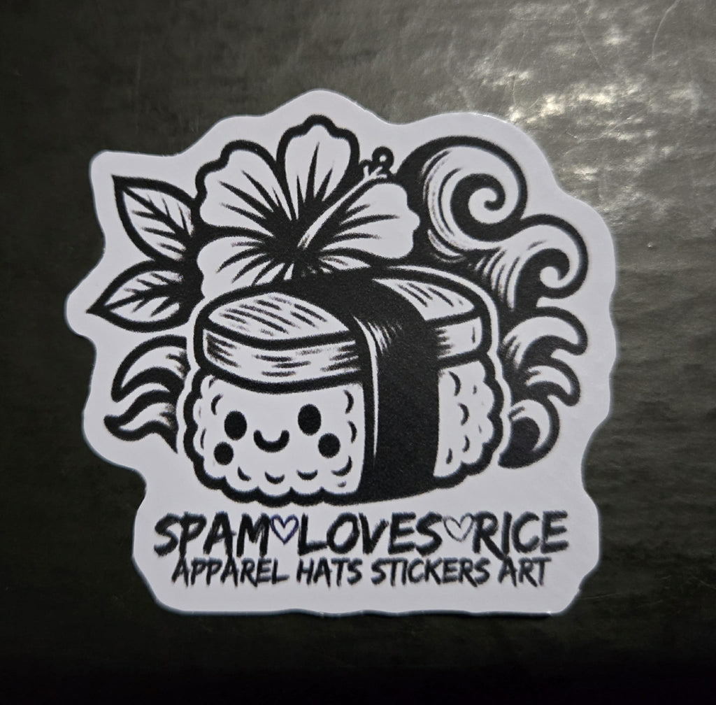 Spam Loves Rice logo vinyl sticker musubi character black and white Filipino Hawaiian streetwear brand