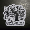 Spam Loves Rice logo vinyl sticker musubi character black and white Filipino Hawaiian streetwear brand