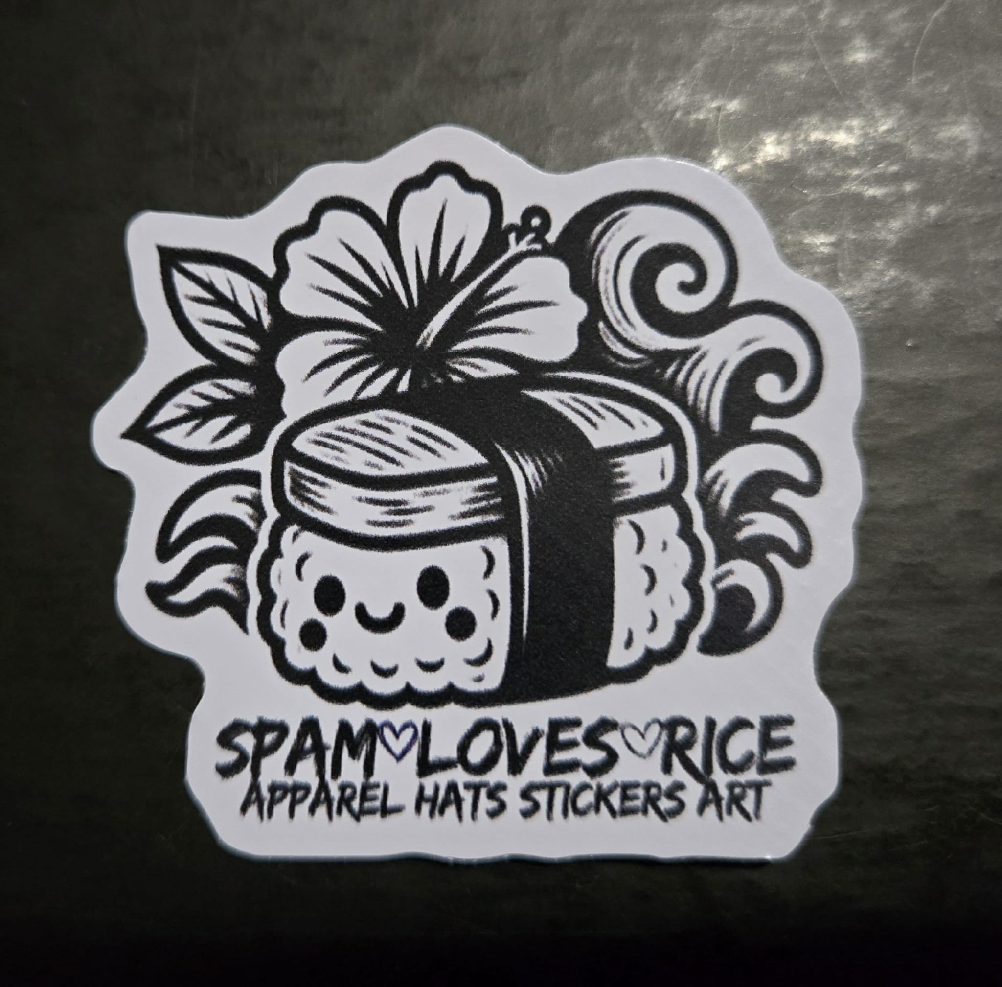 Spam Loves Rice logo vinyl sticker musubi character black and white Filipino Hawaiian streetwear brand