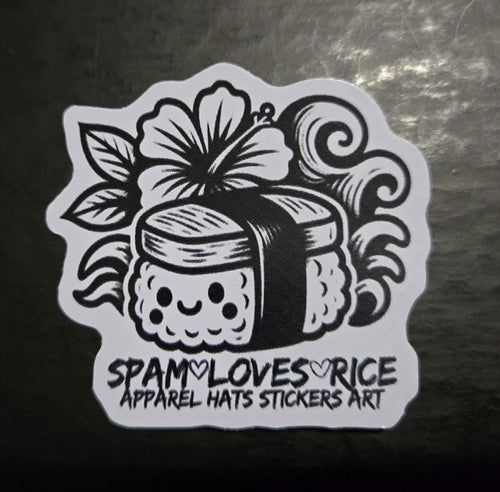 Spam Loves Rice logo vinyl sticker musubi character black and white Filipino Hawaiian streetwear brand