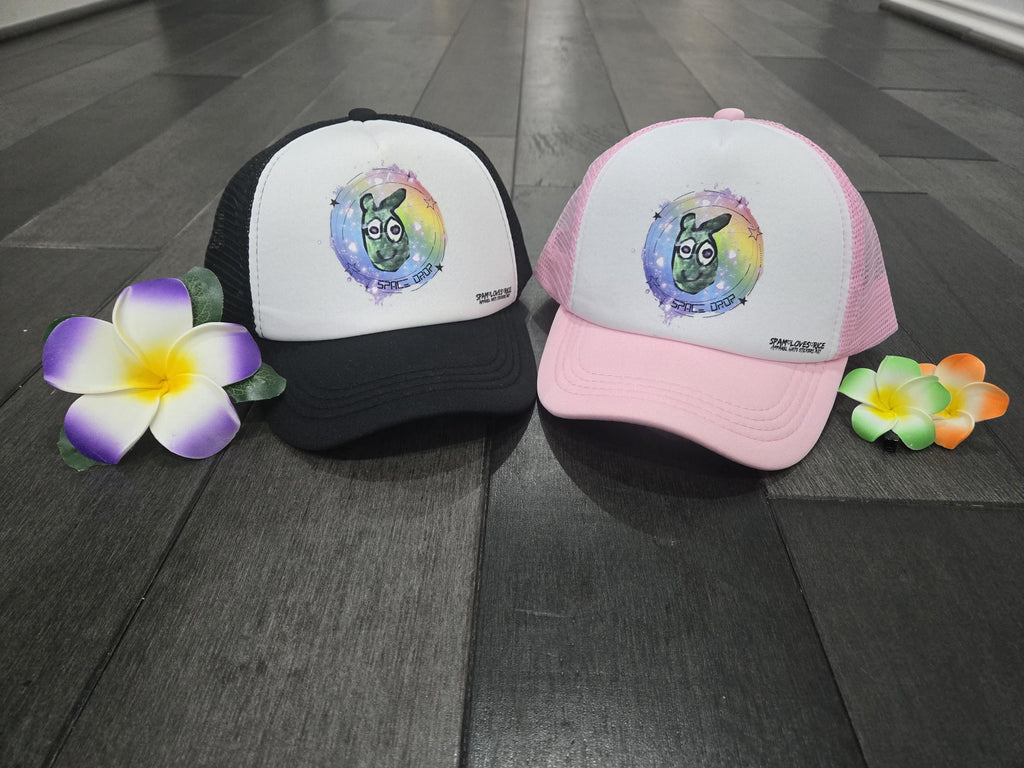 Space Drop trucker hat pink white and black V's Designs youth streetwear island style Spam Loves Rice
