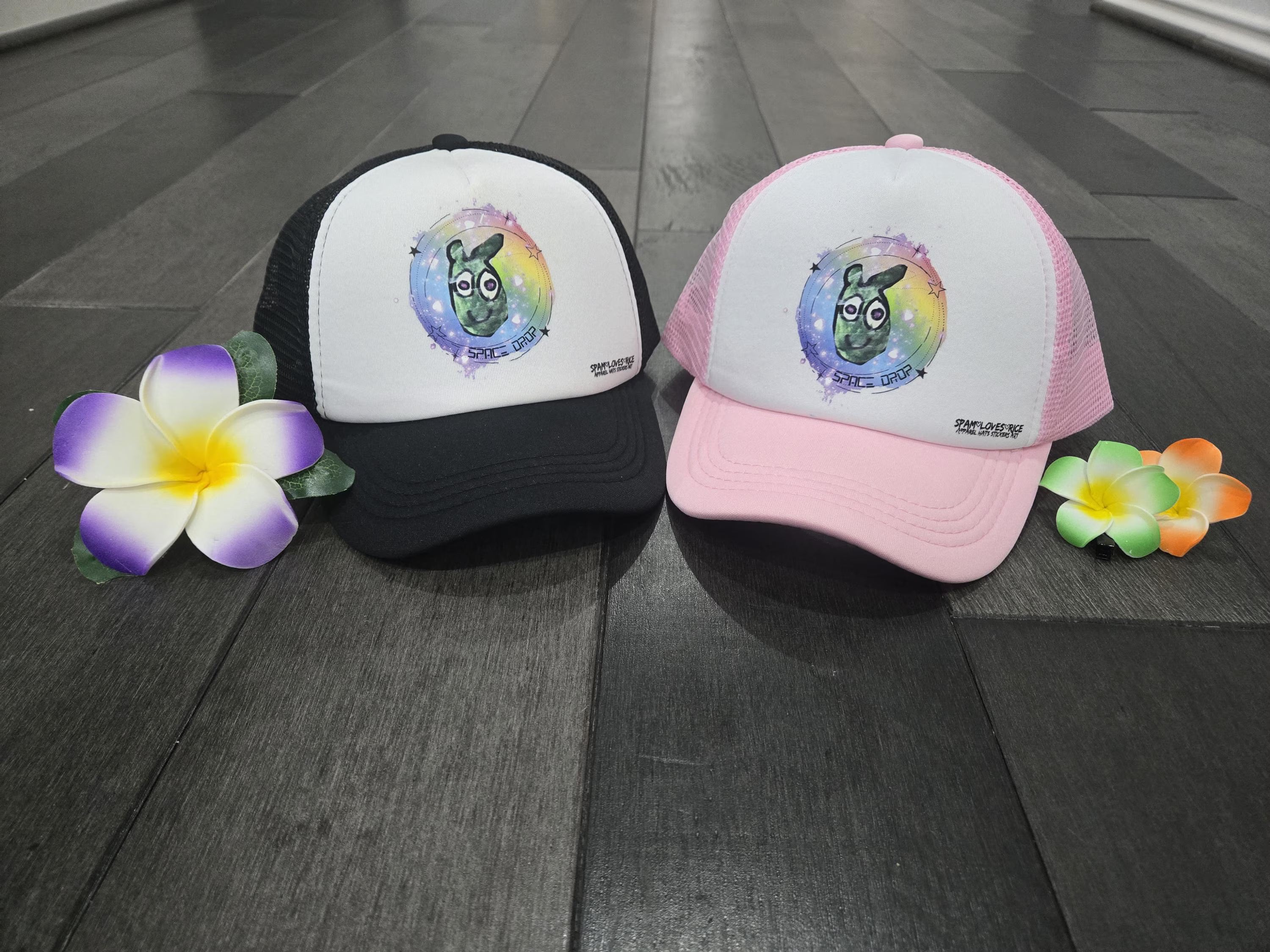 Space Drop trucker hat pink white and black V's Designs youth streetwear island style Spam Loves Rice
