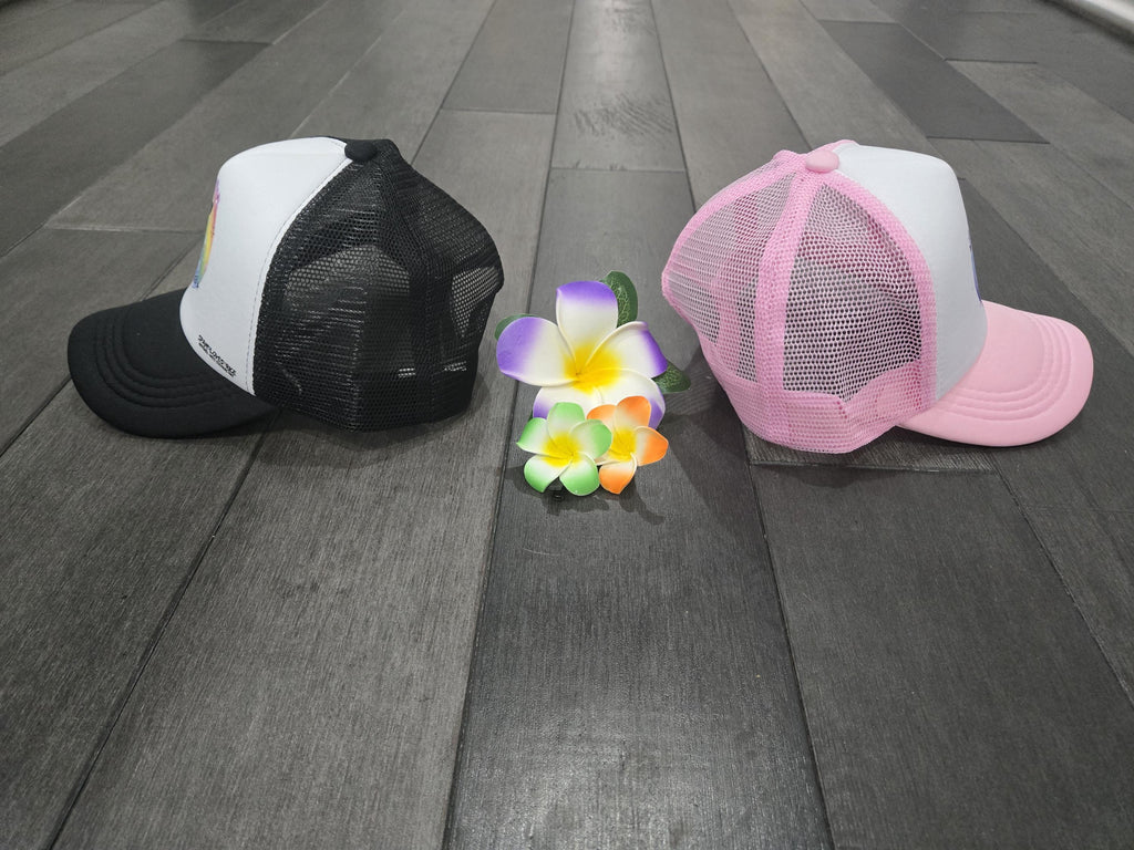 Space Drop trucker hat pink white and black V's Designs youth streetwear island style Spam Loves Rice

