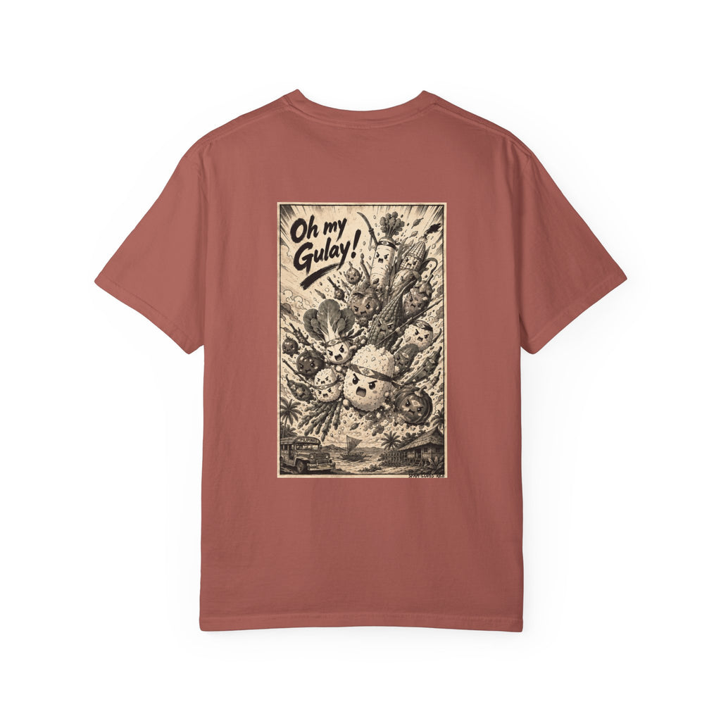 Flat lay back view of the Oh My Gulay! garment-dyed relaxed fit tee in cumin, showing the full vintage manga-style Filipino graphic. 