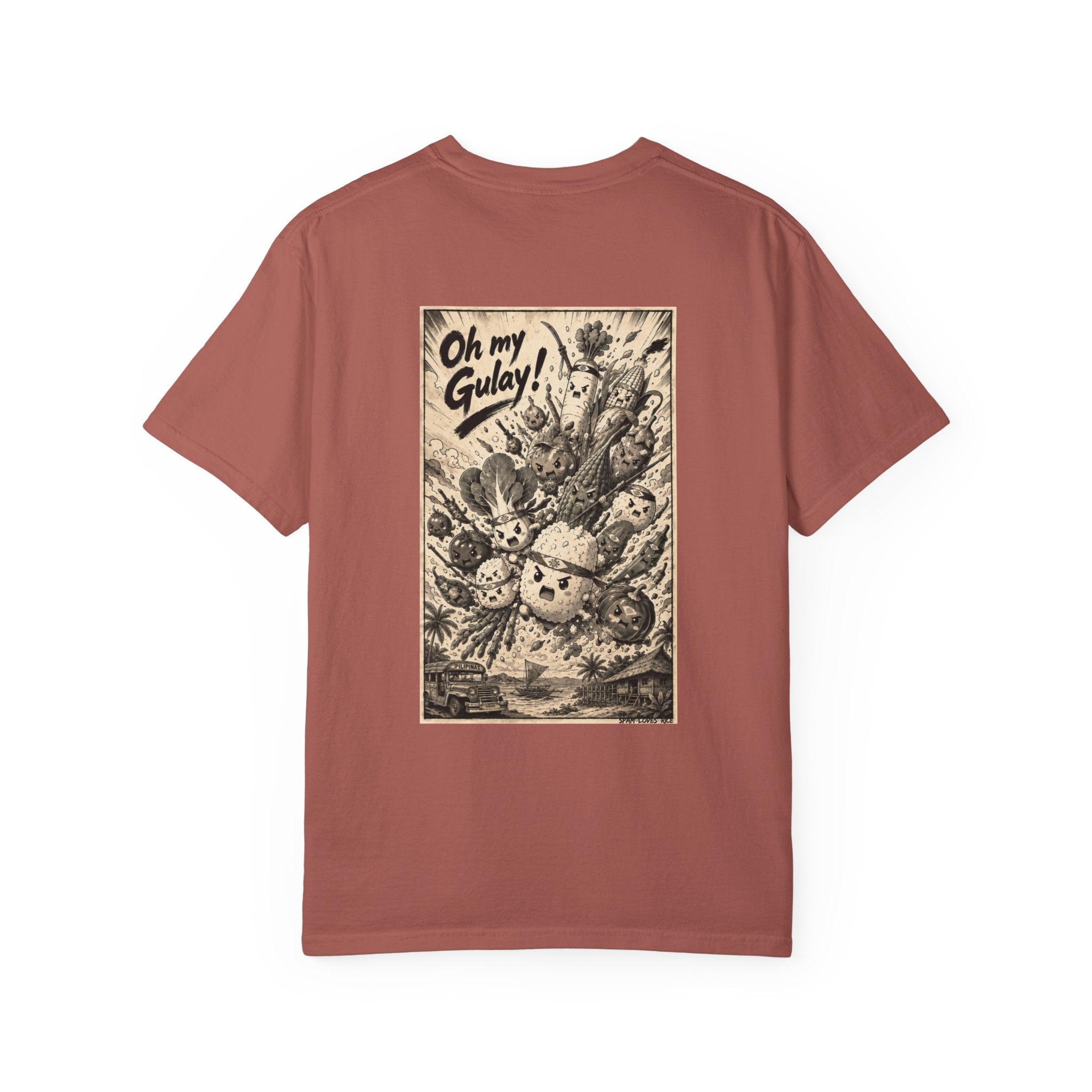 Flat lay back view of the Oh My Gulay! garment-dyed relaxed fit tee in cumin, showing the full vintage manga-style Filipino graphic. 