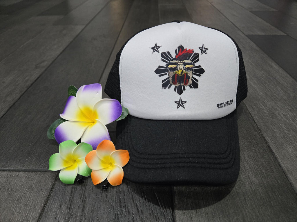 Black and white curve bill hat with Chicken Adobo Philippine sun rooster graphic – Filipino streetwear by Spam Loves Rice