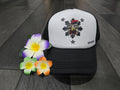 Black and white curve bill hat with Chicken Adobo Philippine sun rooster graphic – Filipino streetwear by Spam Loves Rice