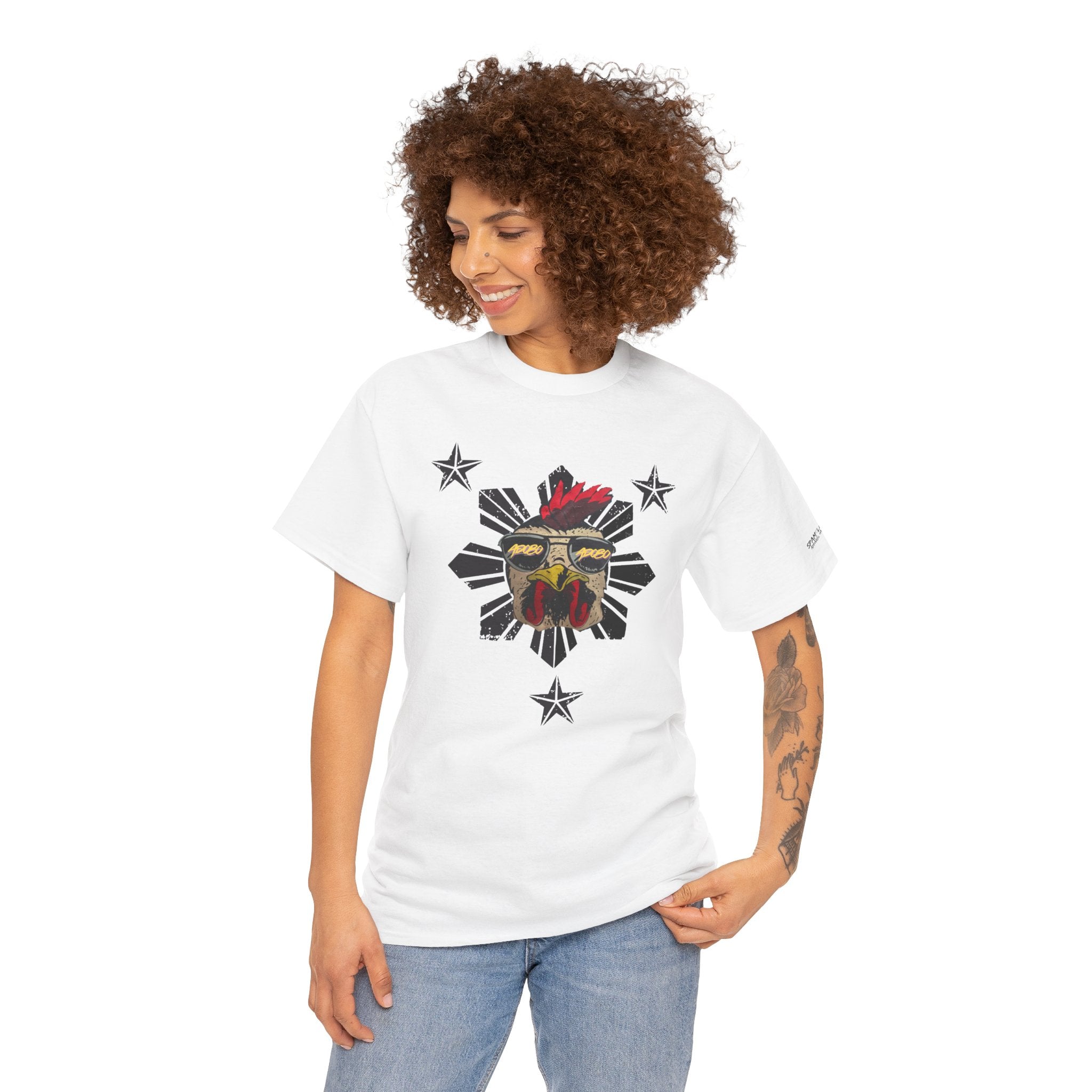 Woman wearing white Chicken Adobo Philippine sun graphic tee front view- Filipino streetwear by Spam Loves Rice