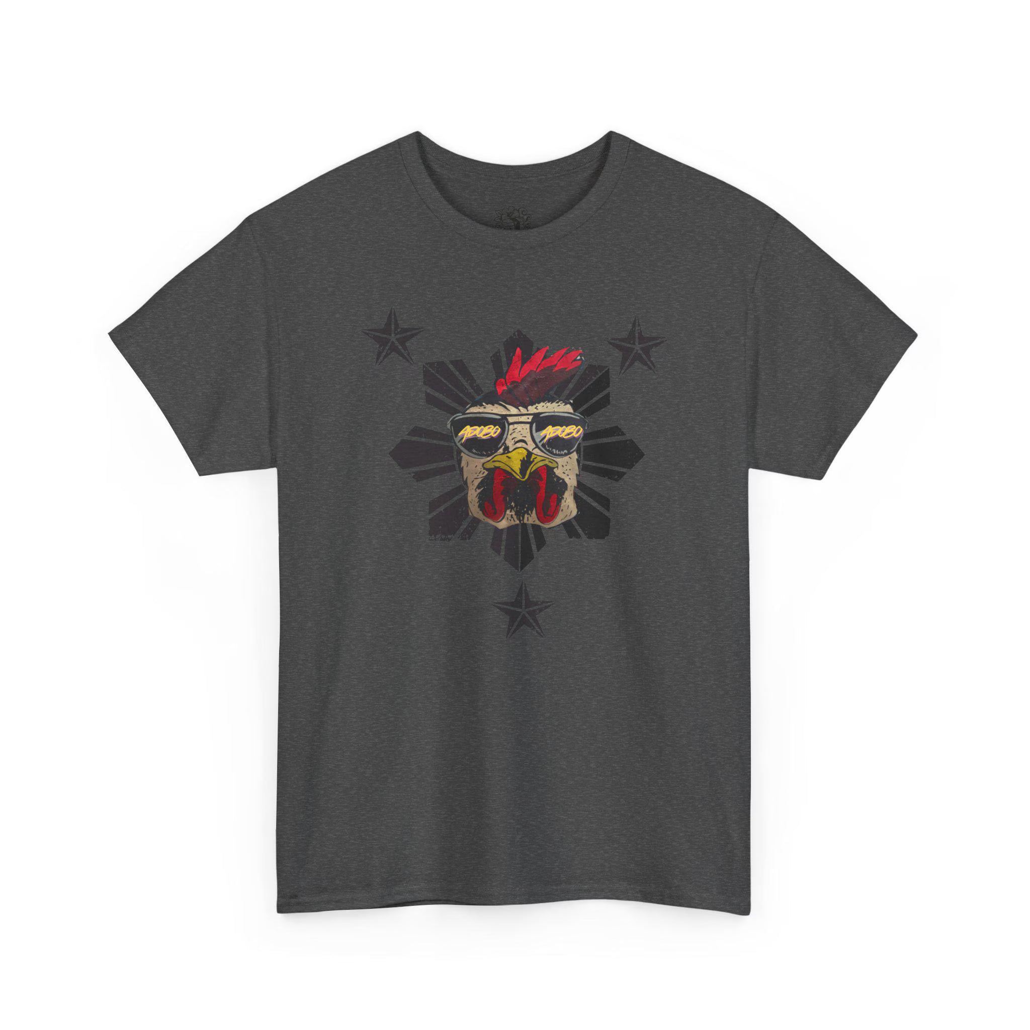 Charcoal Chicken Adobo tee with Philippine sun rooster graphic front view - Filipino streetwear by Spam Loves Rice
