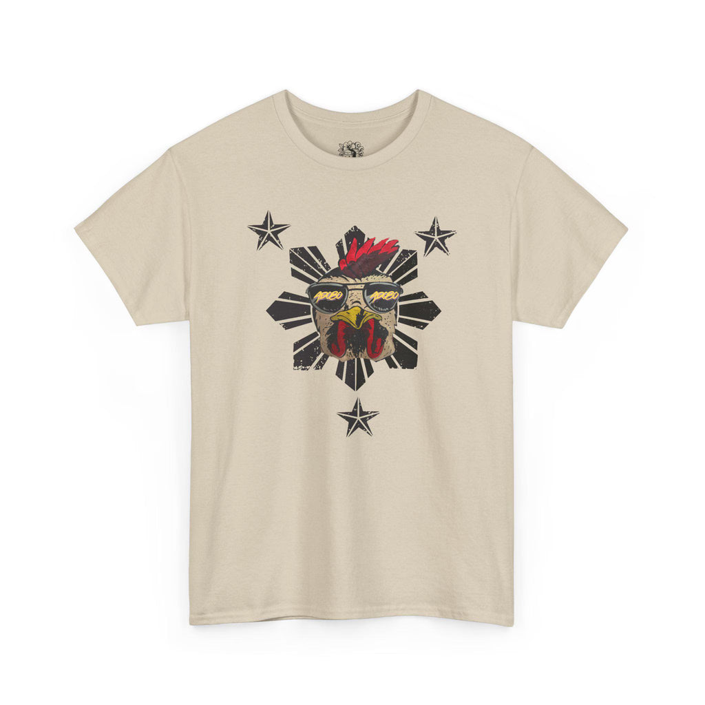 Sand colored Chicken Adobo tee with Philippine sun rooster graphic front view - Filipino streetwear by Spam Loves Rice