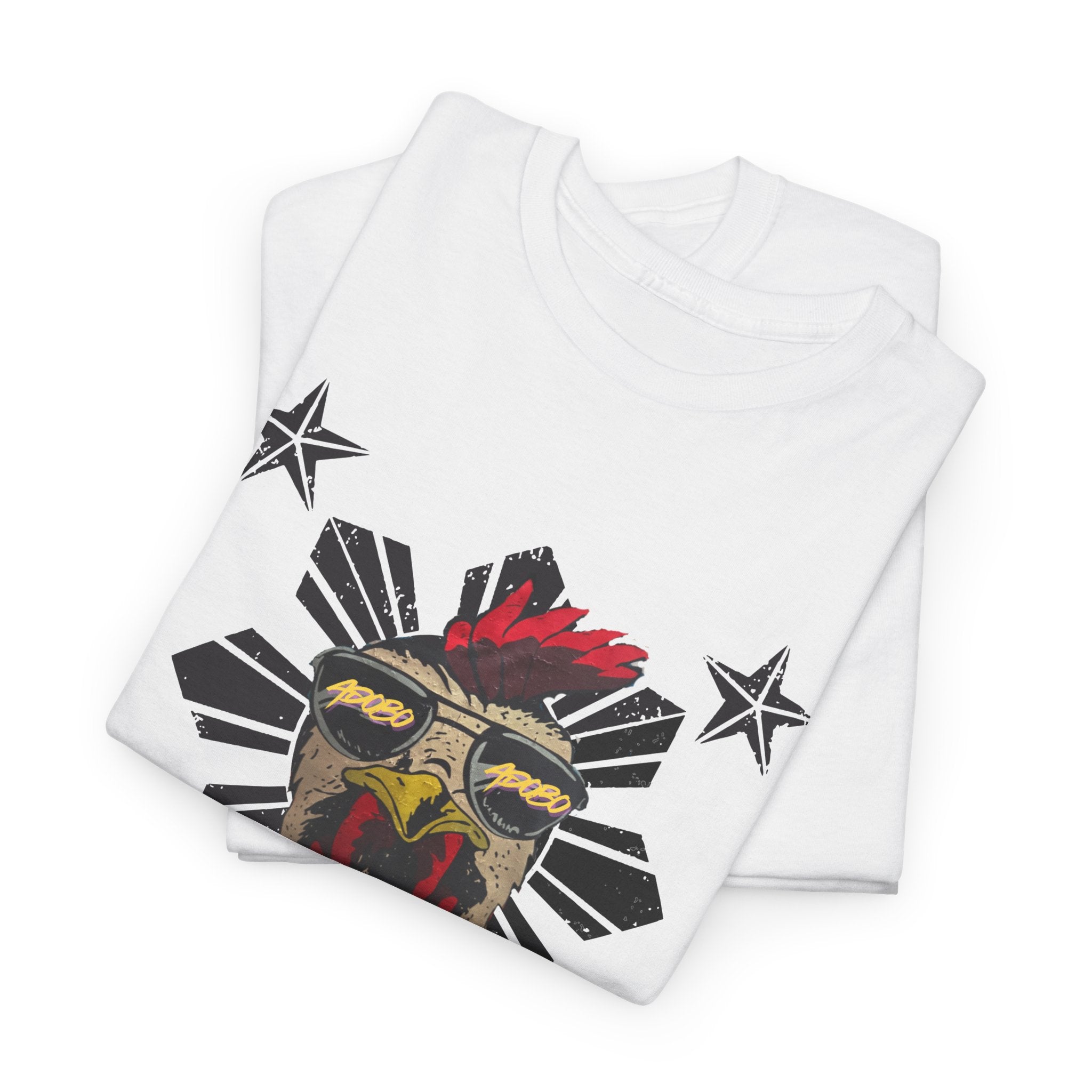 Close-up of folded white Chicken Adobo tee showing Philippine sun rooster graphic detail – Spam Loves Rice