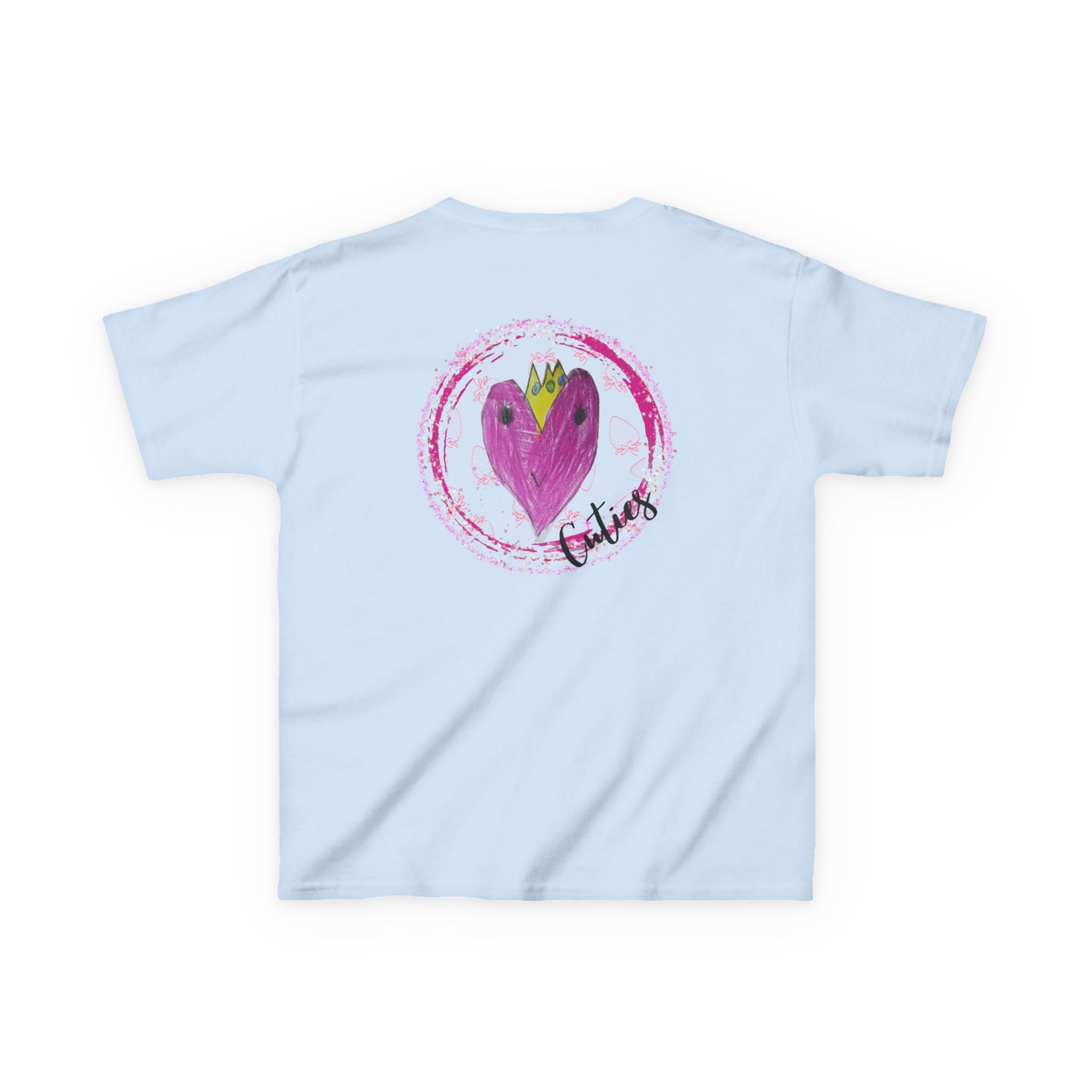 Back of light blue Cuties kids graphic tee with heart crown design - V's Designs by Spam Loves Rice