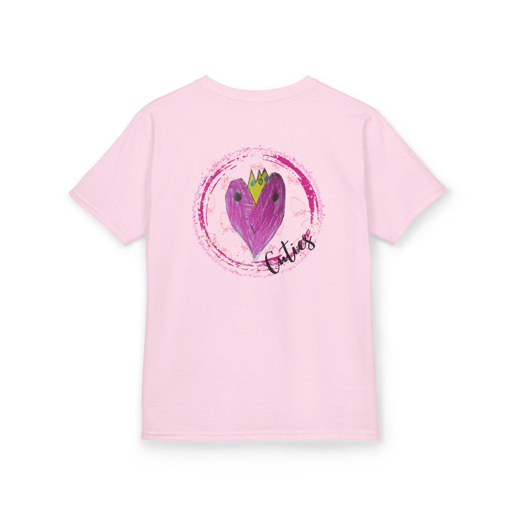 Back of pink Cuties kids graphic tee with heart crown design – V's Designs by Spam Loves Rice