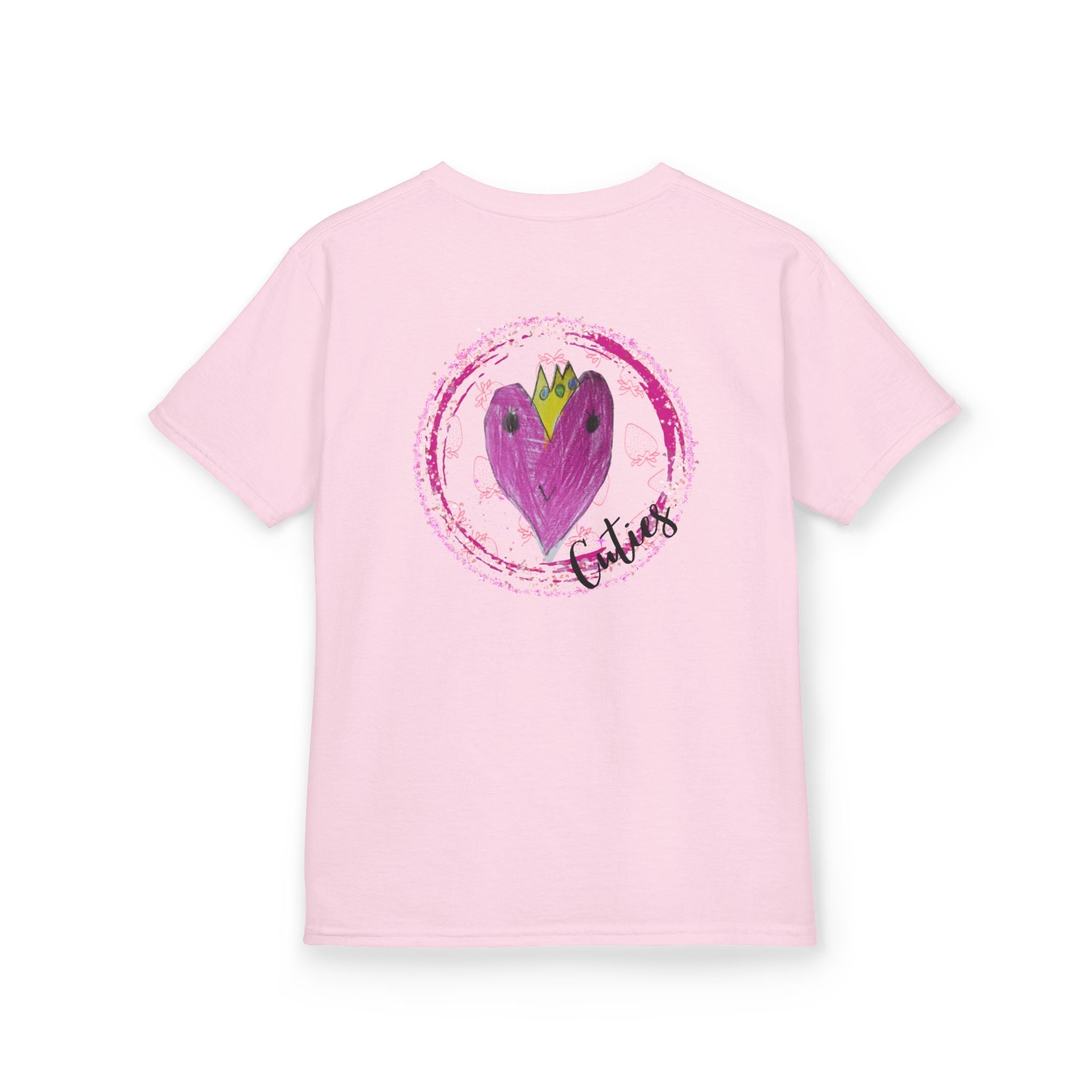 Back of pink Cuties kids graphic tee with heart crown design – V's Designs by Spam Loves Rice