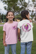 Two girls wearing pink and white Cuties graphic tees front and back – V's Designs kids streetwear by Spam Loves Rice