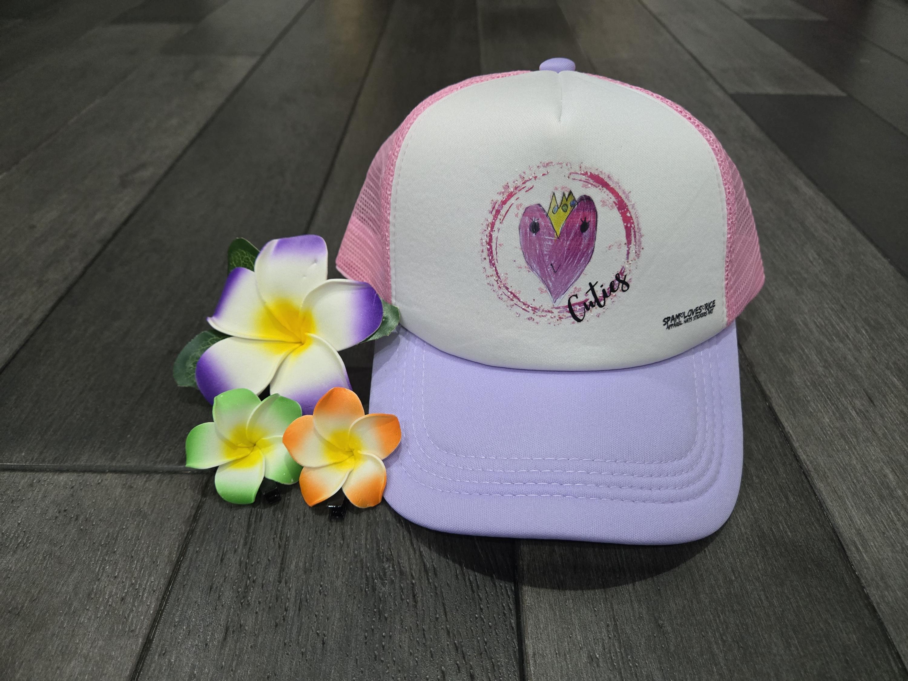 Lavender and pink curvebill trucker hat with Cuties princess heart design – V's Designs kids streetwear by Spam Loves Rice