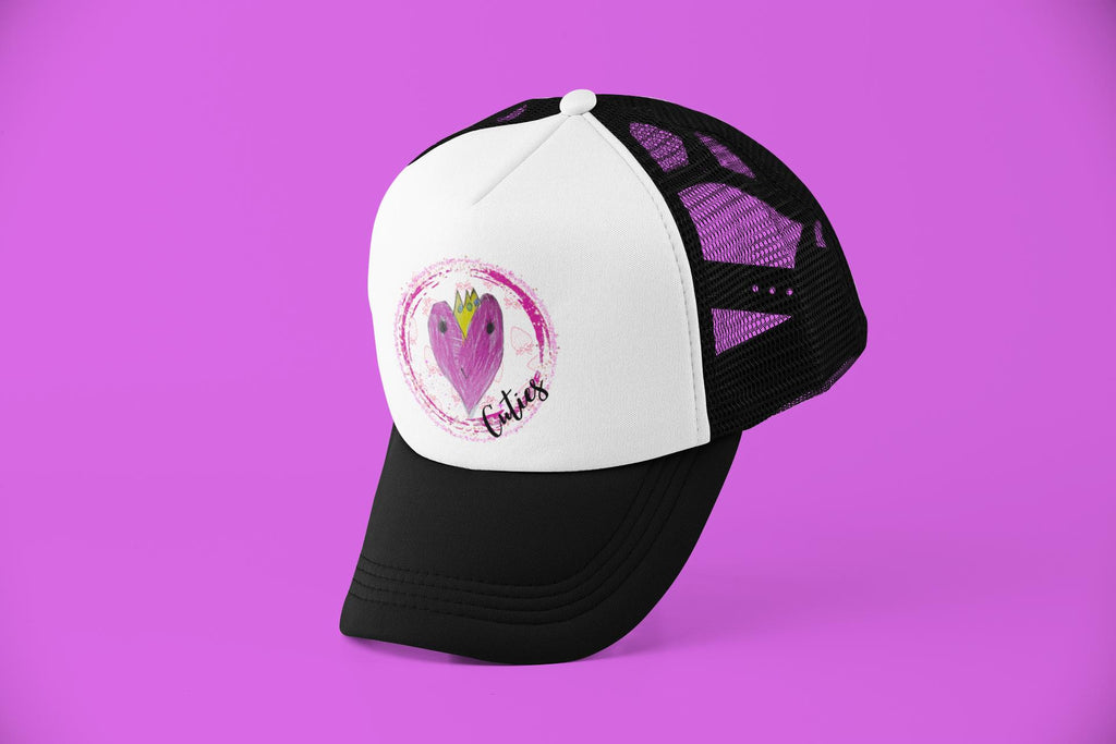 Black and white curvebill trucker hat with Cuties princess heart design - V's Designs streetwear Spam Loves Rice