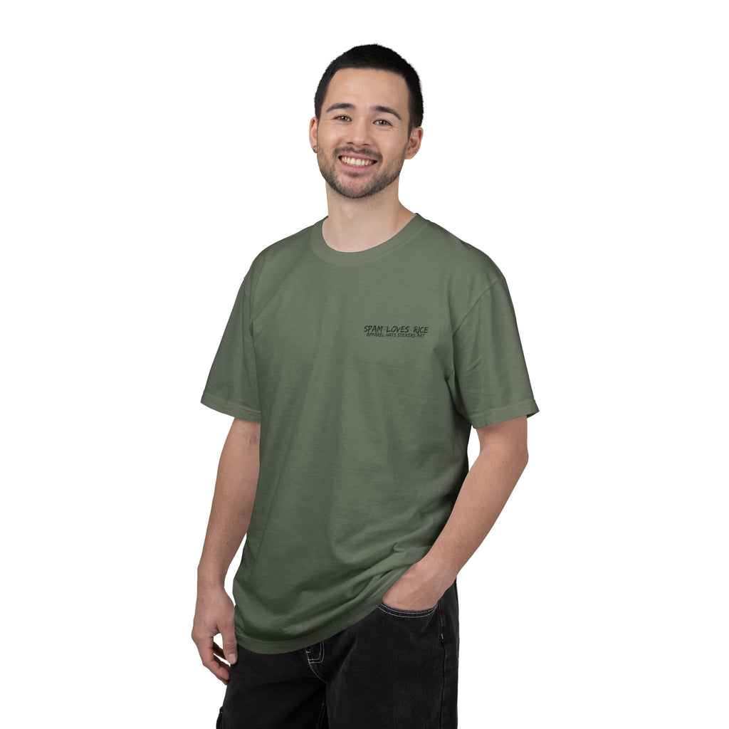 Man wearing the Oh My Gulay! garment-dyed relaxed fit tee in moss, front view showing the relaxed fit silhouette. 