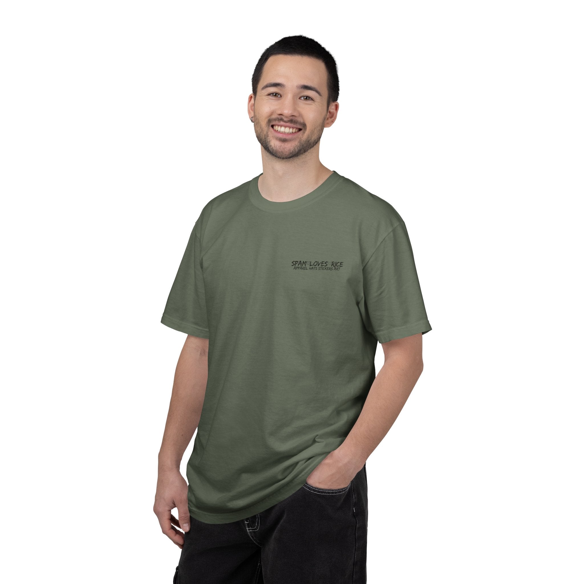 Man wearing the Oh My Gulay! garment-dyed relaxed fit tee in moss, front view showing the relaxed fit silhouette. 