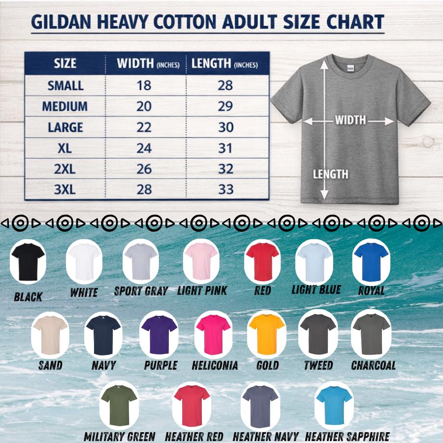 Gildan Heavy Cotton adult unisex t-shirt size chart with measurements and available colors
