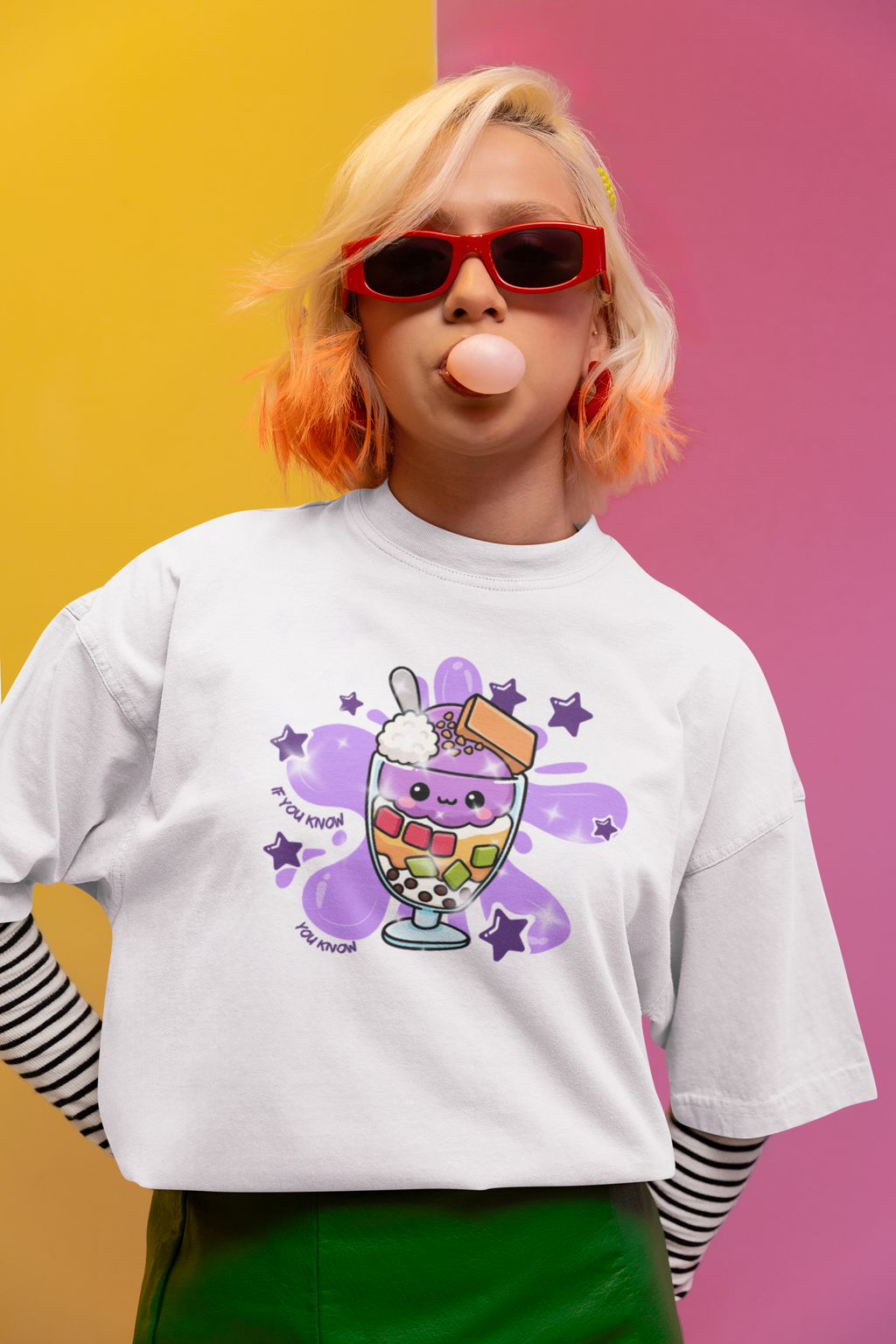 Person wearing white Halo Halo kawaii graphic tee front view - Filipino streetwear by Spam Loves Rice