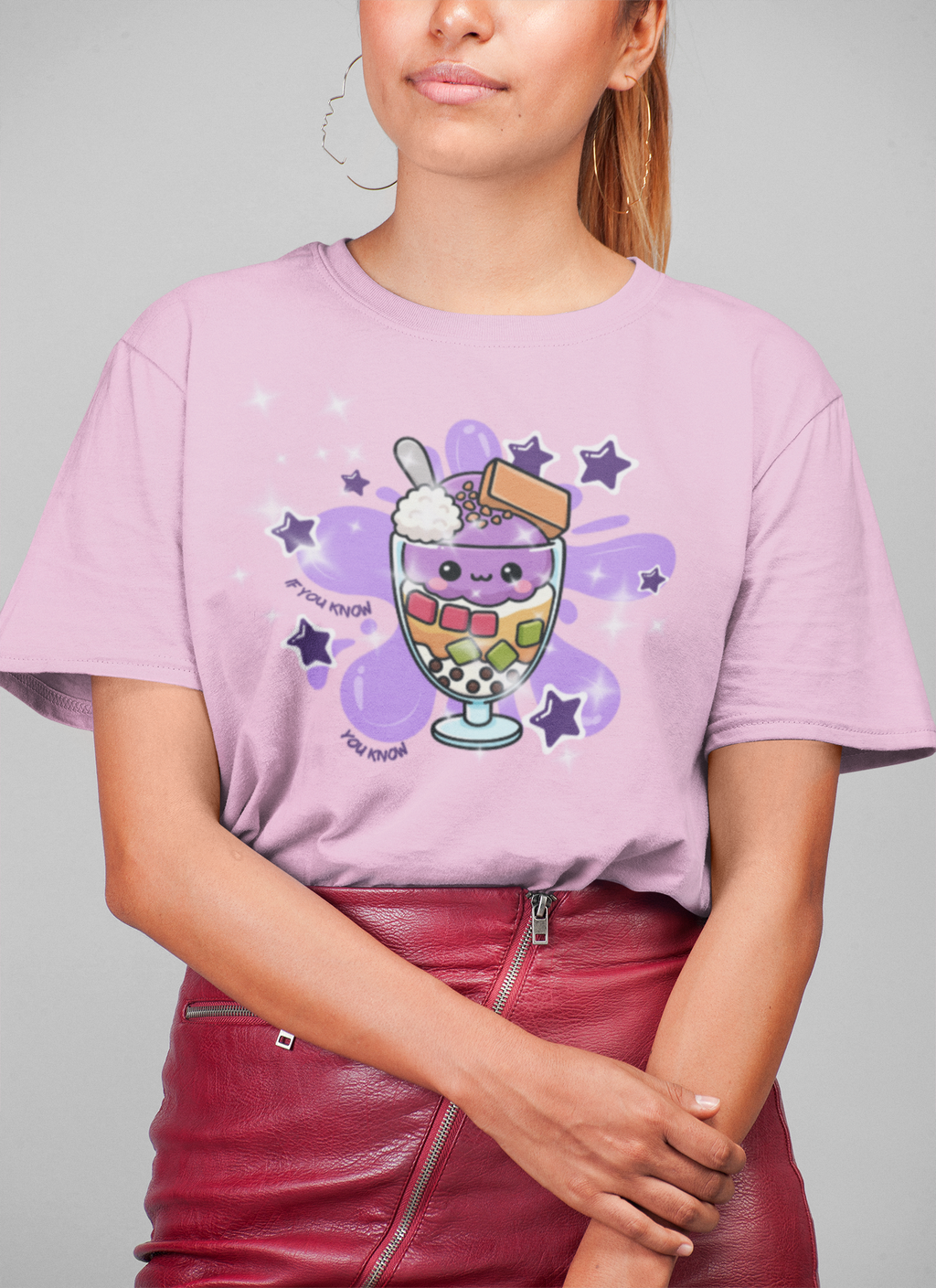 Person wearing pink Halo Halo kawaii graphic tee front view - Filipino streetwear by Spam Loves Rice
