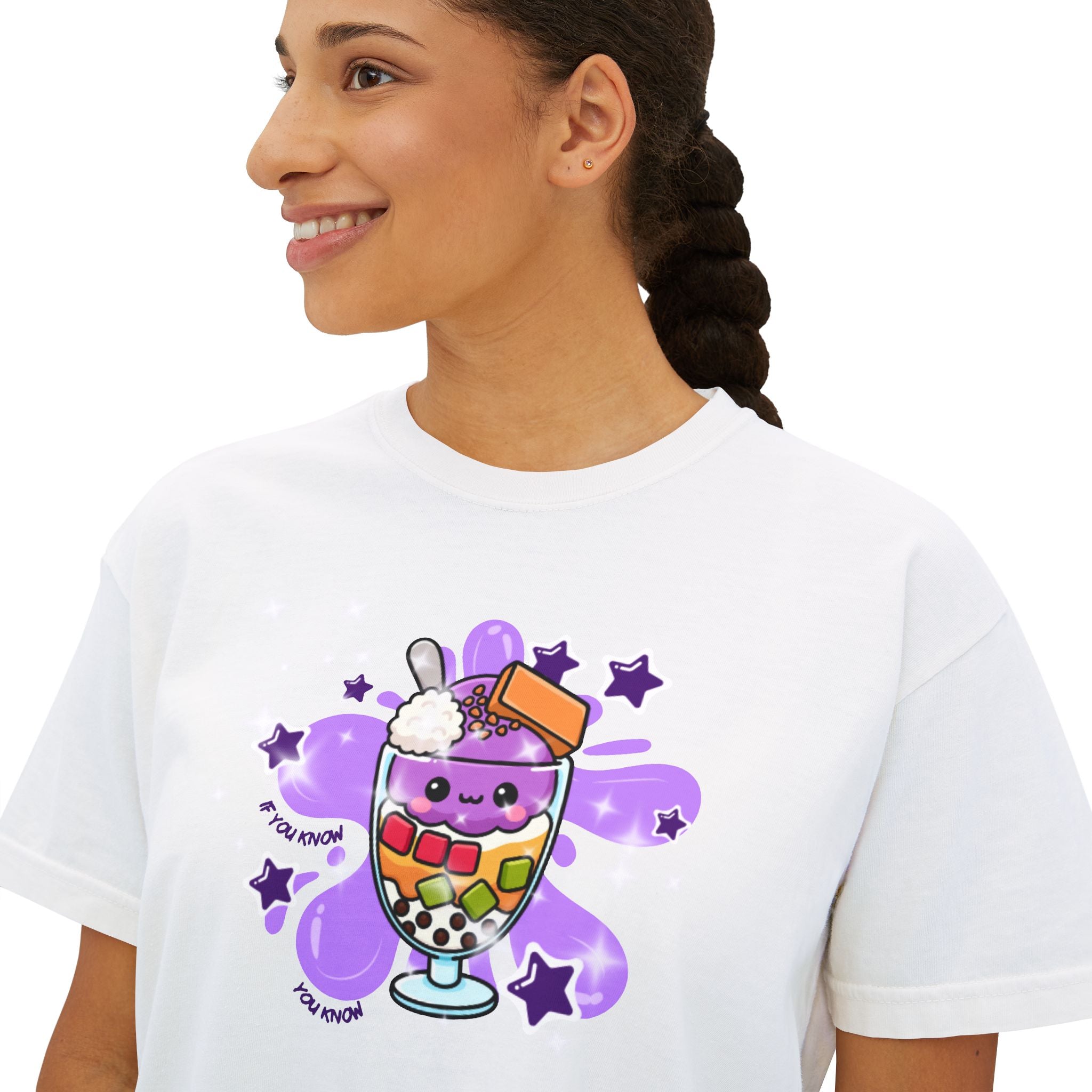 Halo Halo Boxy Tee in white, close up - garment dyed Filipino dessert graphic tee by Spam Loves Rice. 