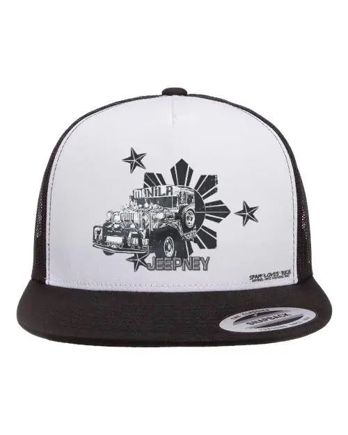 Black and white flatbill trucker hat with Jeepney Manila graphic – Filipino pride streetwear by Spam Loves Rice
