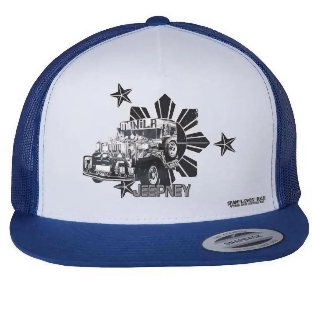 Blue and white flatbill trucker hat with Jeepney Manila graphic – Filipino pride streetwear by Spam Loves Rice
