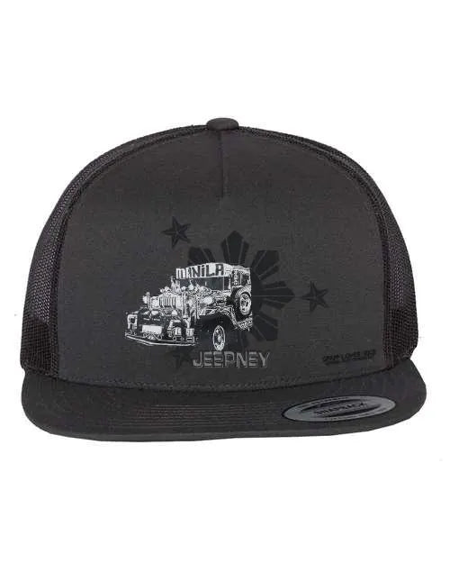 charcoal flatbill trucker hat with Jeepney Manila graphic – Filipino pride streetwear by Spam Loves Rice