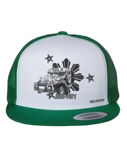 Green and white flatbill trucker hat with Jeepney Manila graphic – Filipino pride streetwear by Spam Loves Rice
