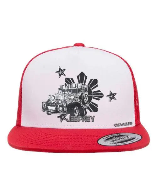 red and white flatbill trucker hat with Jeepney Manila graphic – Filipino pride streetwear by Spam Loves Rice